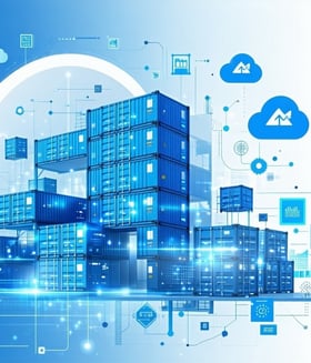Create a professional thumbnail image for a blog post about digital transformation using Azure Kubernetes Service The image should show a modern enterprise digital transformation journey with cloud elements and Kubernetes containers Include visual el-1-1