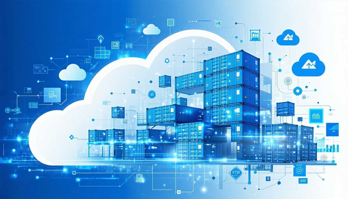 Create a professional thumbnail image for a blog post about digital transformation using Azure Kubernetes Service The image should show a modern enterprise digital transformation journey with cloud elements and Kubernetes containers Include visual el-1